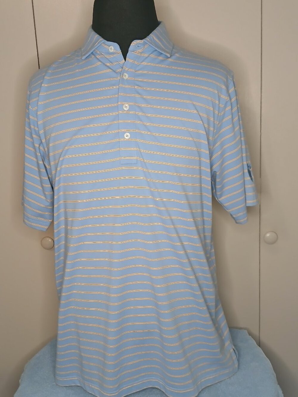 Martin Men's Easy Care Large Blue White Gold Striped Polo Golf (1029C3)